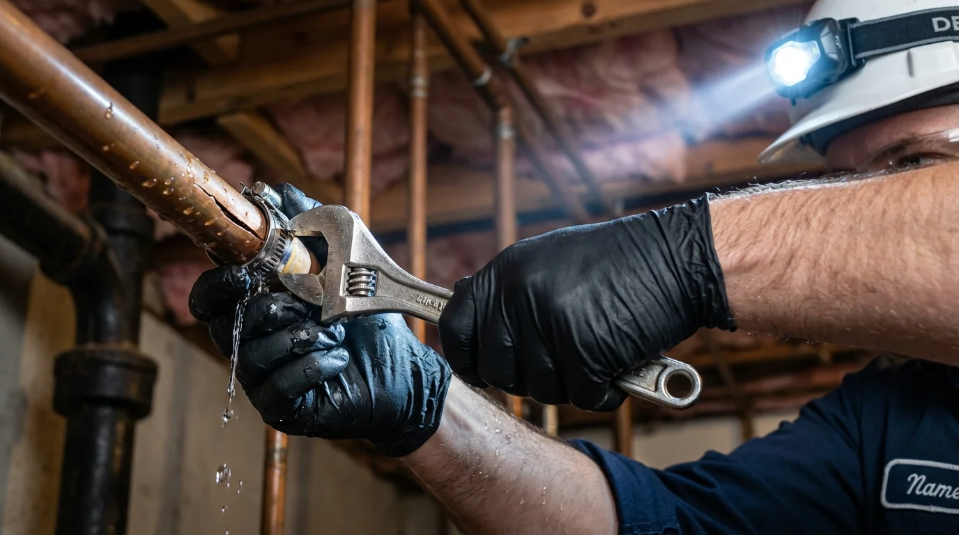 Emergency pipe clamp repair being performed by a Johns Plumbing LLC plumber in Newbury