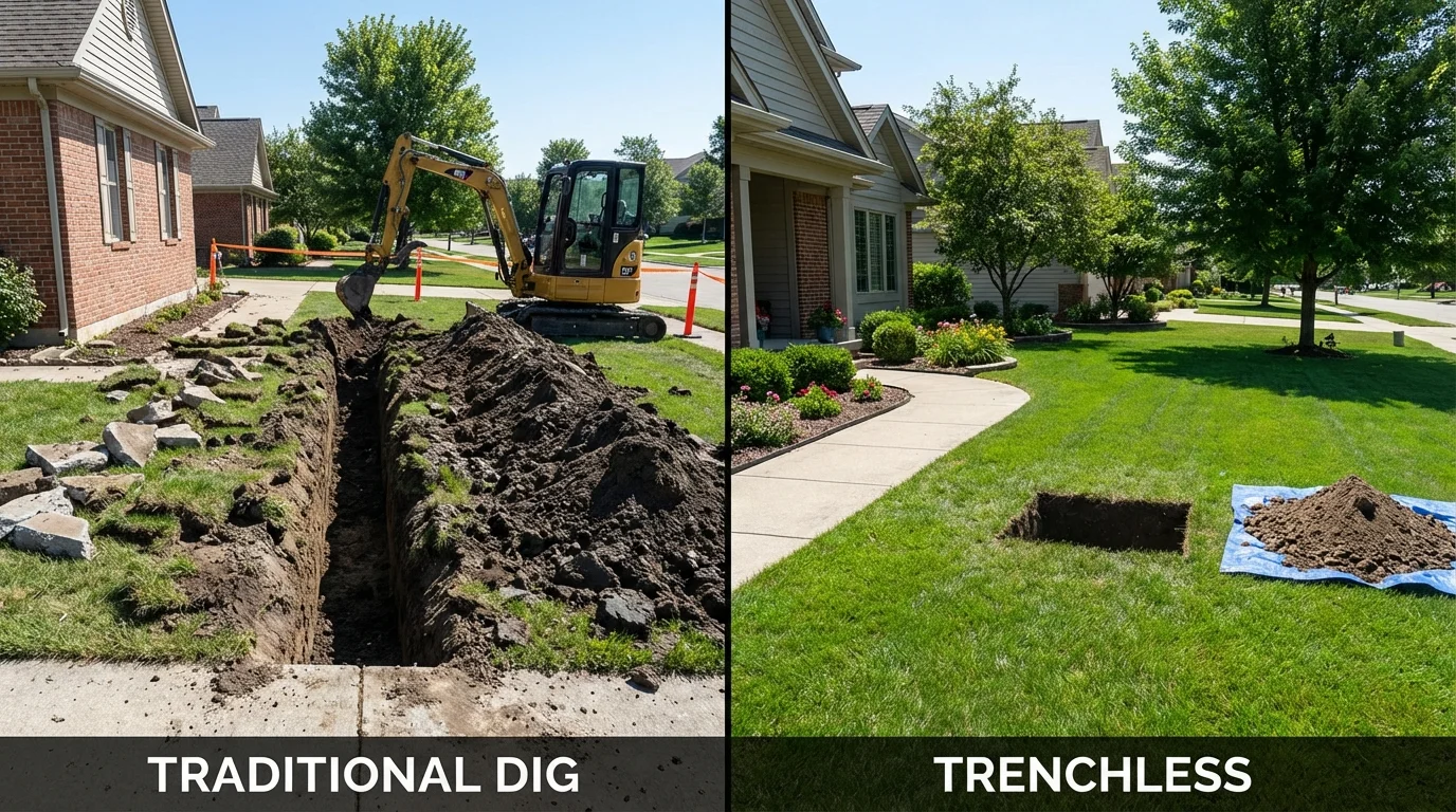 Trenchless sewer repair with minimal yard damage versus traditional excavation in Newbury, NH