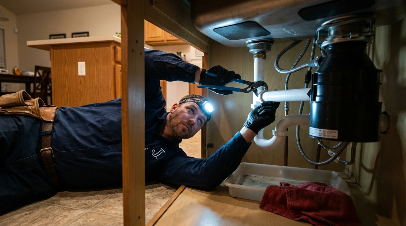 P-trap and supply line connections under a kitchen sink showing a common leak point in Newbury, NH